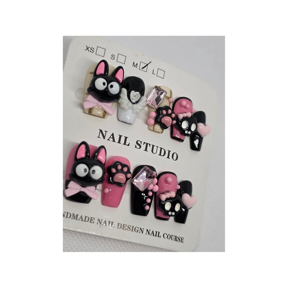 Handmade 3D Black Cat Press On Nails Pink Kawaii Goth Paw Skull Size M - Picture 3 of 5
